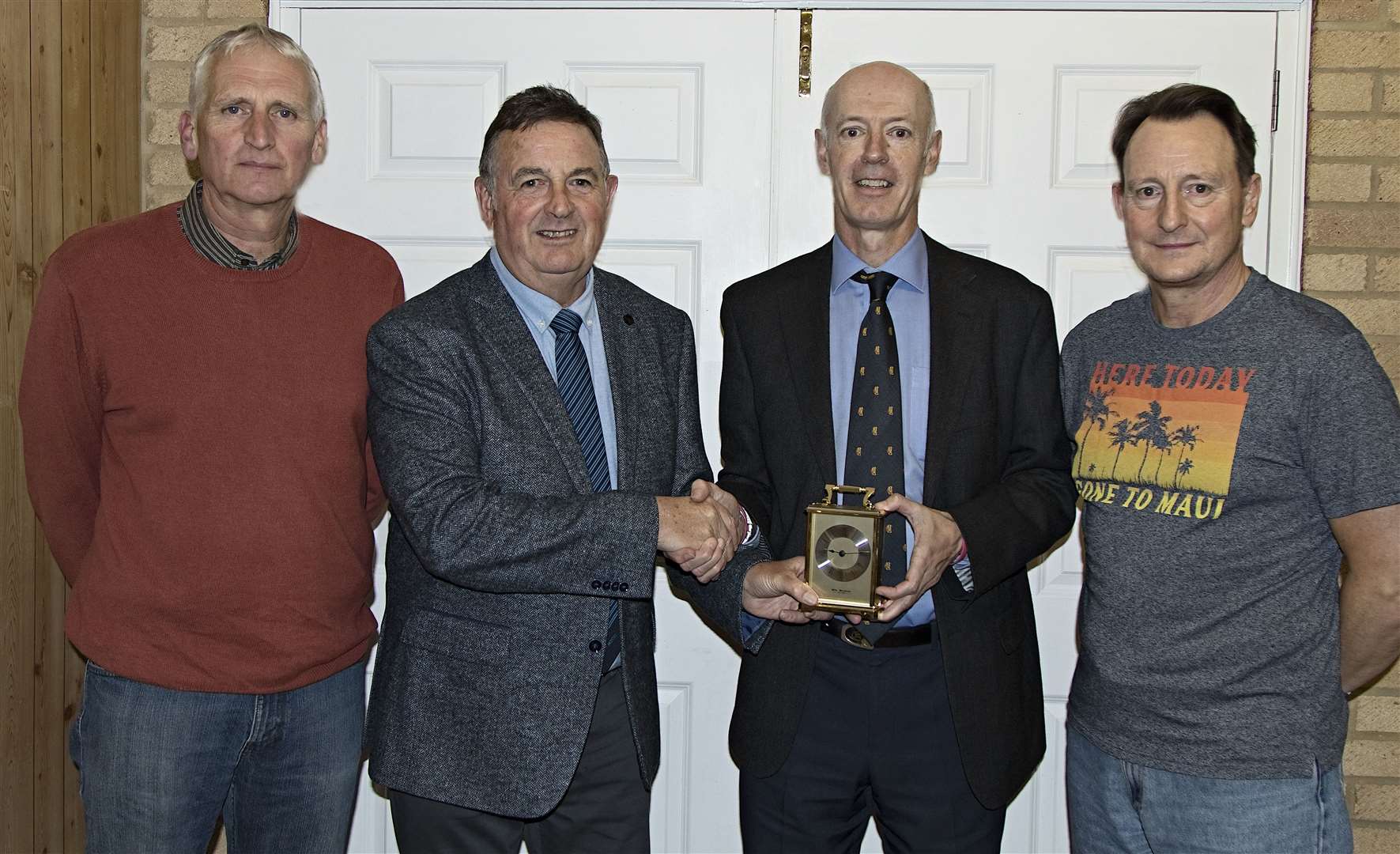 Stuart Arnold (Honorary Vice President), Les Mills (President), Stephen Wallis (Retiring Secretary) & John Gilson (Honorary Vice President).> The President Les Mills presenting an engraved carriage clock to Stephen Wallis who has retired after 23 years service as Club Secretary. (28227260)