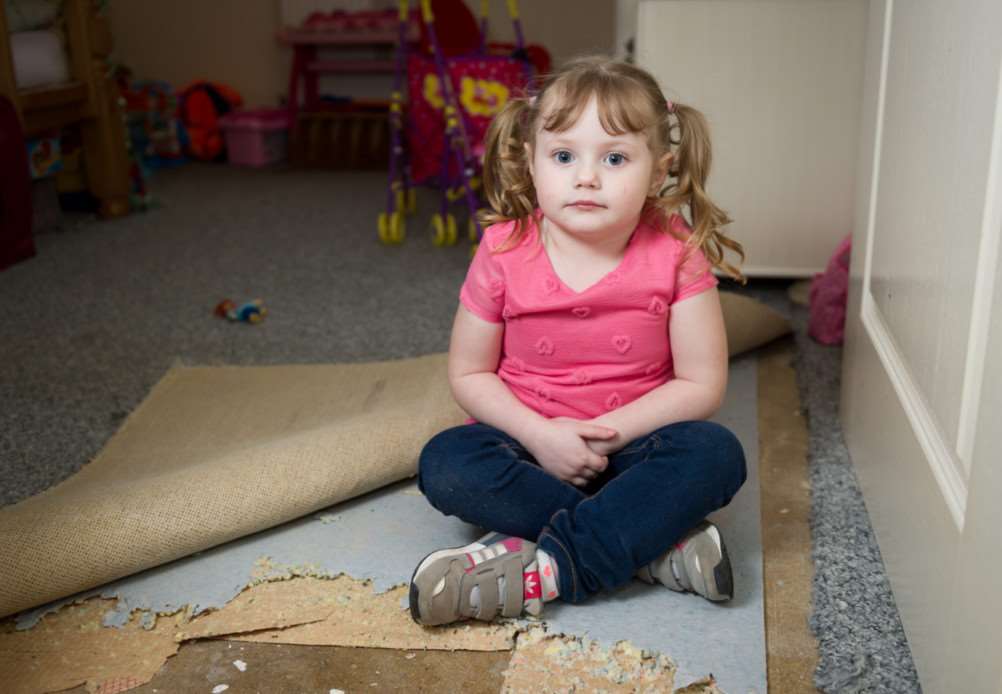 Jessica Knight age 4 from March, Cambridgeshire who has developed an addiction to eating carpet underlay and other household furniture. See MASONS story MNEAT: The mother of a girl with a rare disorder fears she will ruin all her furniture after the four year-old started eating sponge from chairs and even her little sister's rocking horse. Kelly Will, 36, first discovered something was wrong with her daughter Jessica Knight when she started eating a faux leather child's chair bought for her when she was two. At the same time the youngster began eating cement stones from pavements and sand from play areas. Worried Kelly took Jessica to her GP but was told it was just a phase the little girl would grow out of. Kelly warned Jessica that what she was doing could make her ill - but as a result the youngster became secretive about her habit. Last year Kelly found the carpet in her daughter's bedroom loose - and realised she had eaten half of the room's sponge underlay. ANL-150704-102845001