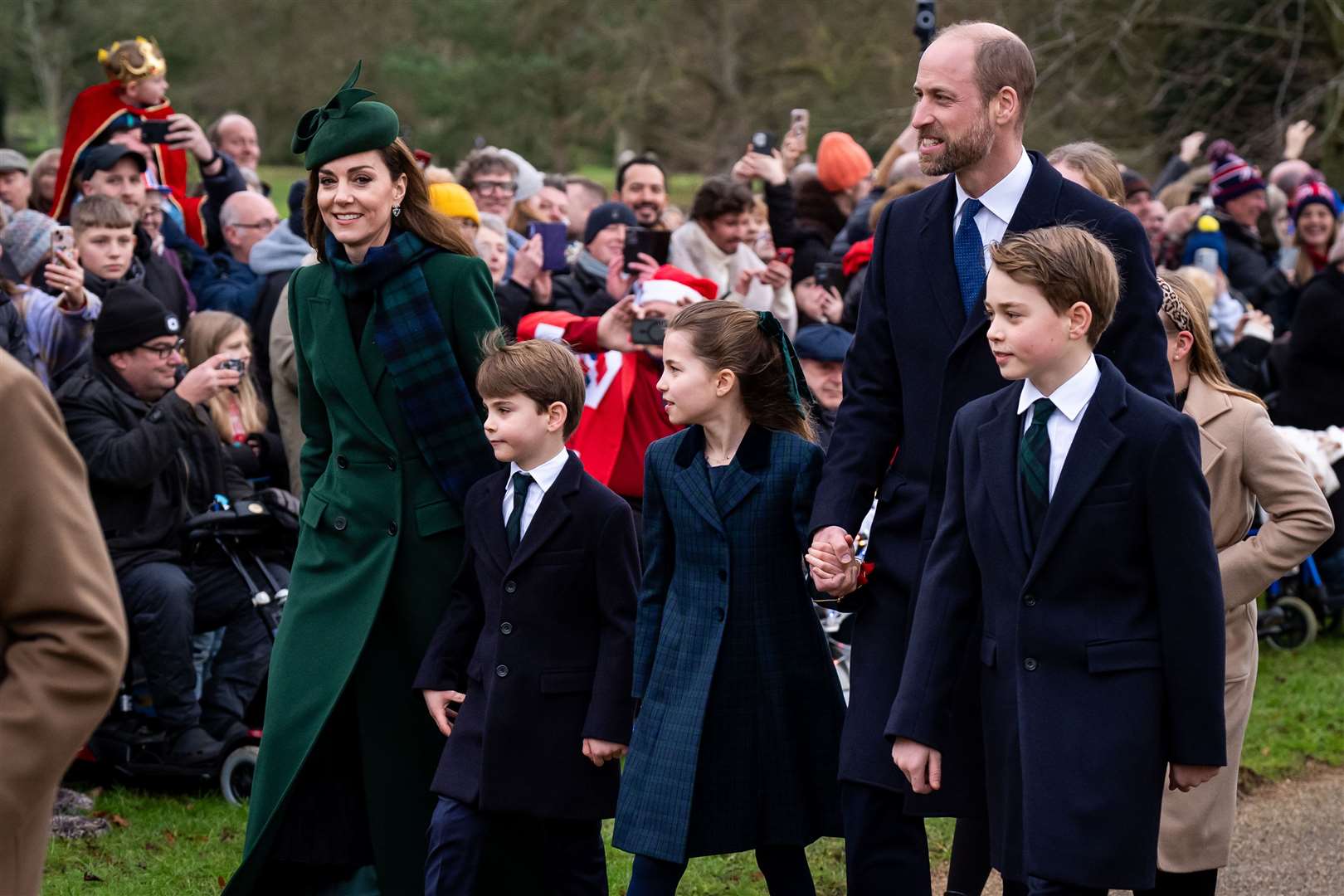 The Princess of Wales, Prince Louis, Princess Charlotte, the Prince of Wales, and Prince George attending the Christmas Day morning church service with their parents (Aaron Chown/PA)