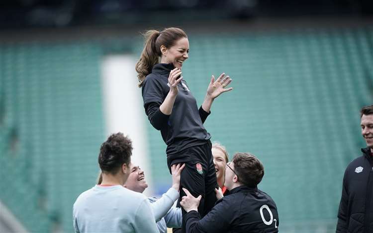 Kate is lifted up in a line-out as she plays rugby in her new role as patron of the Rugby Football Union during a visit to Twickenham Stadium (Yui Mok/PA) (61596251)