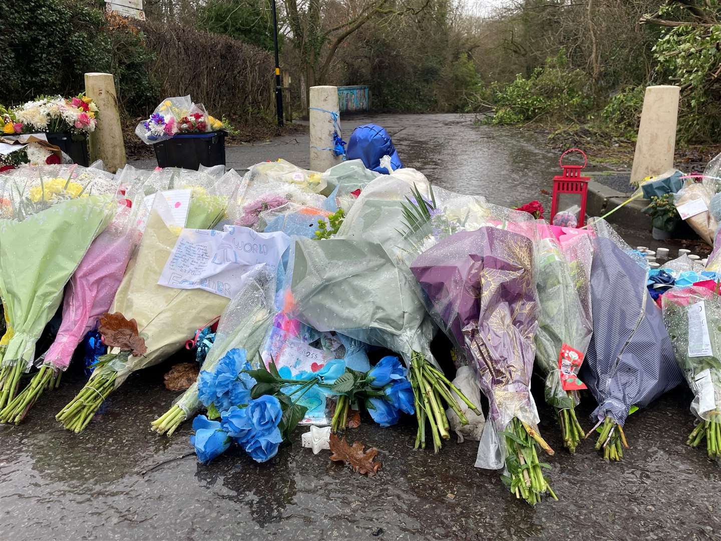 Flowers left near the scene of Leo Ross’s death in Scribers Lane in the Hall Green area of Birmingham in January (Matthew Cooper/PA)